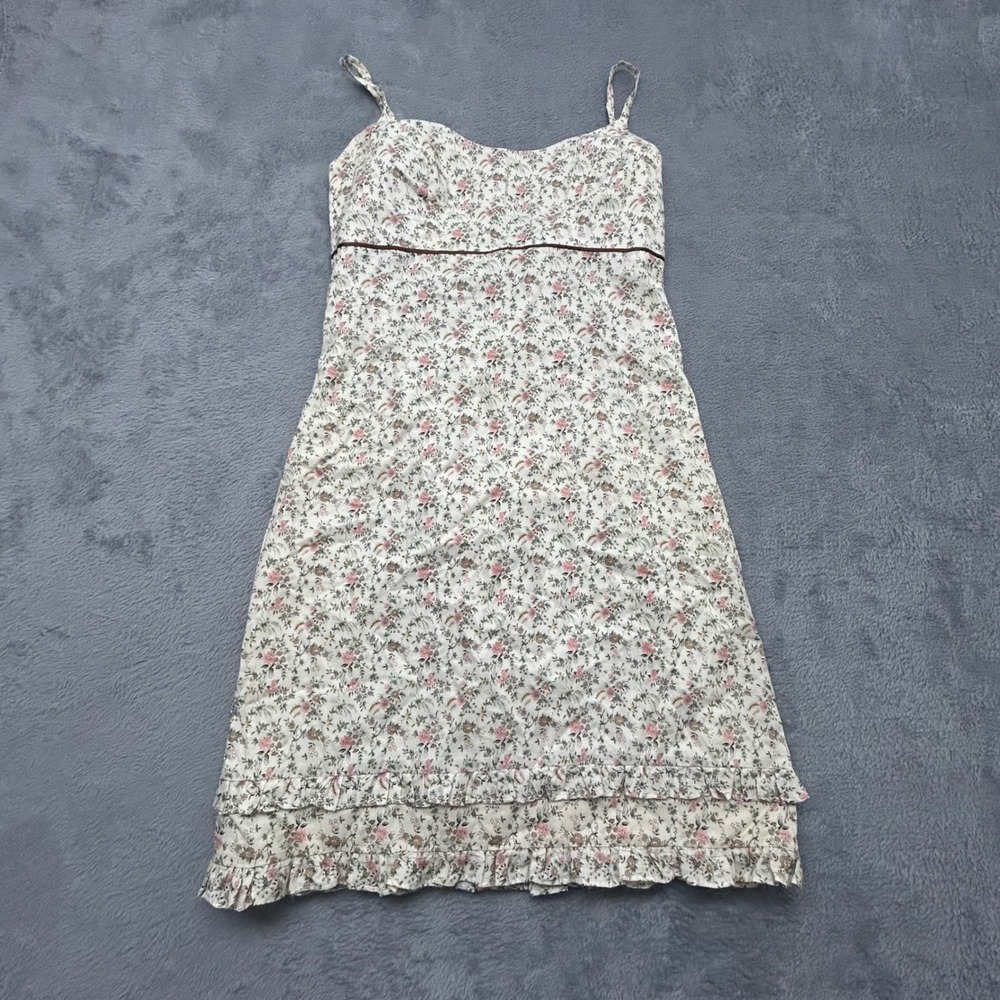 B. Moss Floral Cotton Sundress Cream Pink Ruffle Hem Empire Waist Size 2